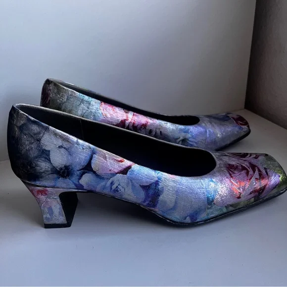 Unique custom foil pastel floral leather block heels size 8.5